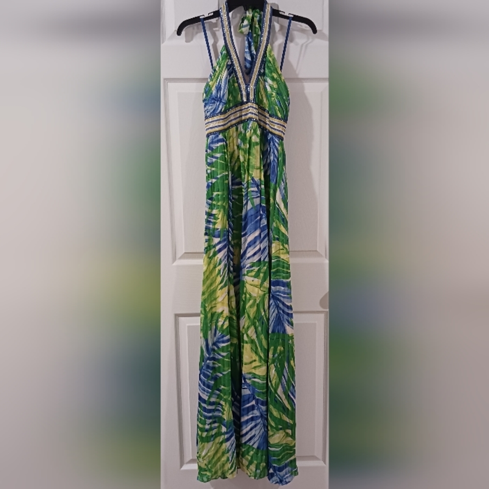 BCBGMaxAzria Silk Halter Maxi Dress Gown Palm Print Sequin - Picture 5 of 13